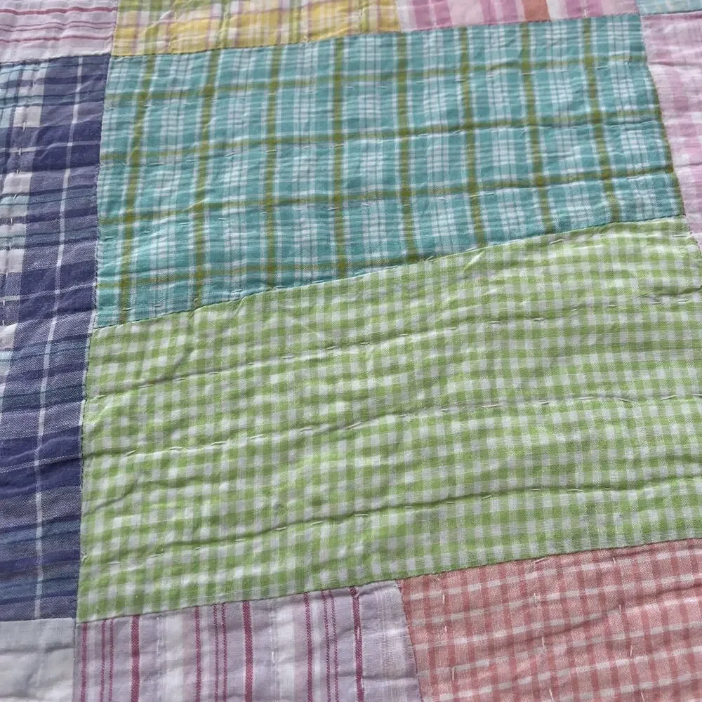 Handmade Quilt Colorful Plaid Patchwork Hand Quilted Bedspread 84